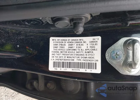 2013 Honda Civic Lx z USA, uszkodzony, nr VIN 2HGFB2F56DH551068